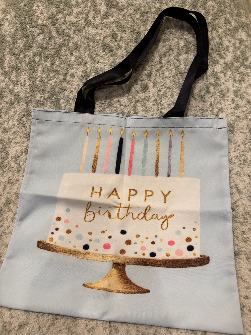Happy Birthday Cake Light Blue Poly Canvas Tote Bag NWT 15.75x15”